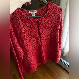 Eddie Bauer crochet cardigan sweater. Size XL. Berry red color.